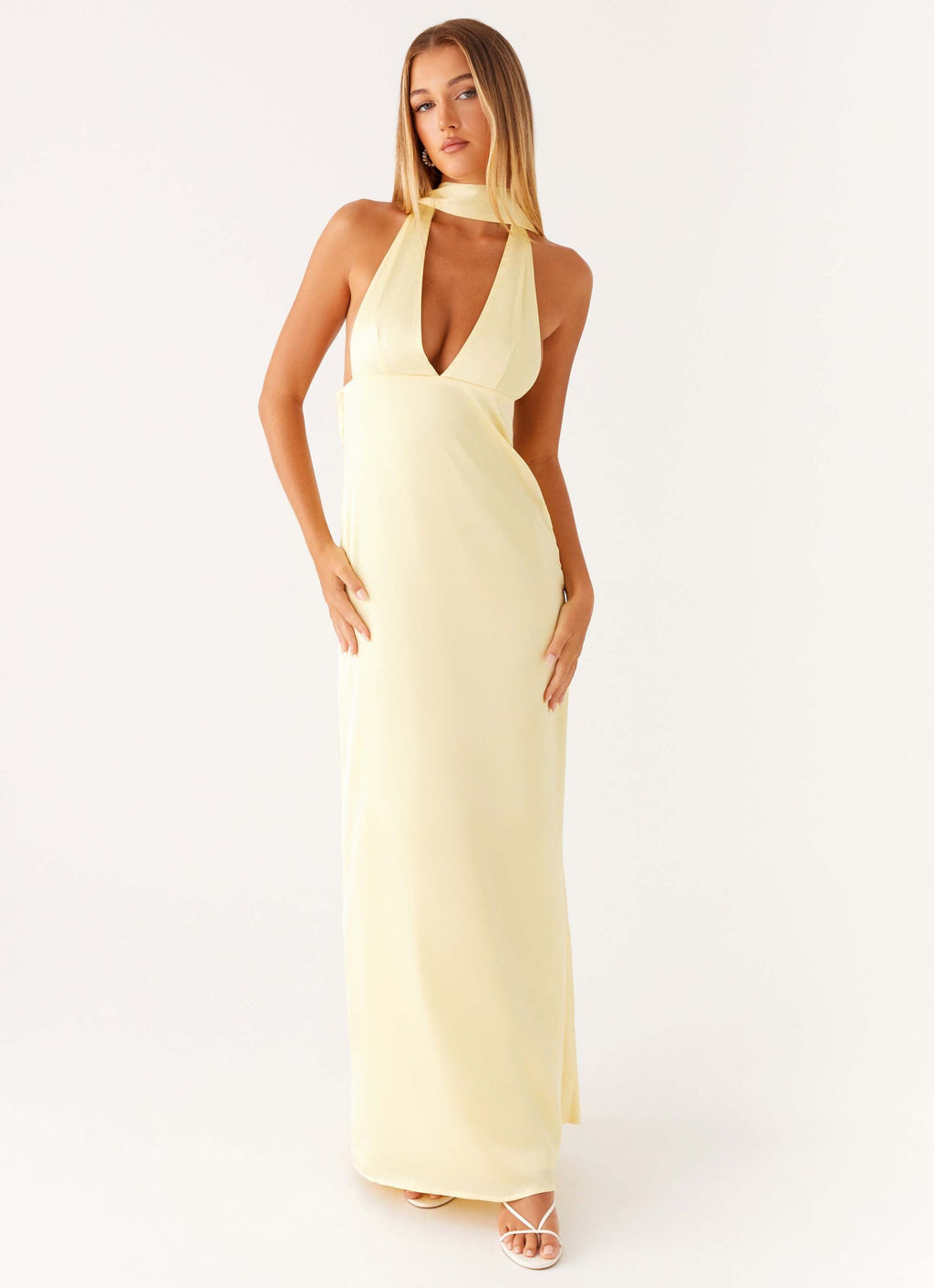 Alicia Satin Halter Maxi Dress - Yellow