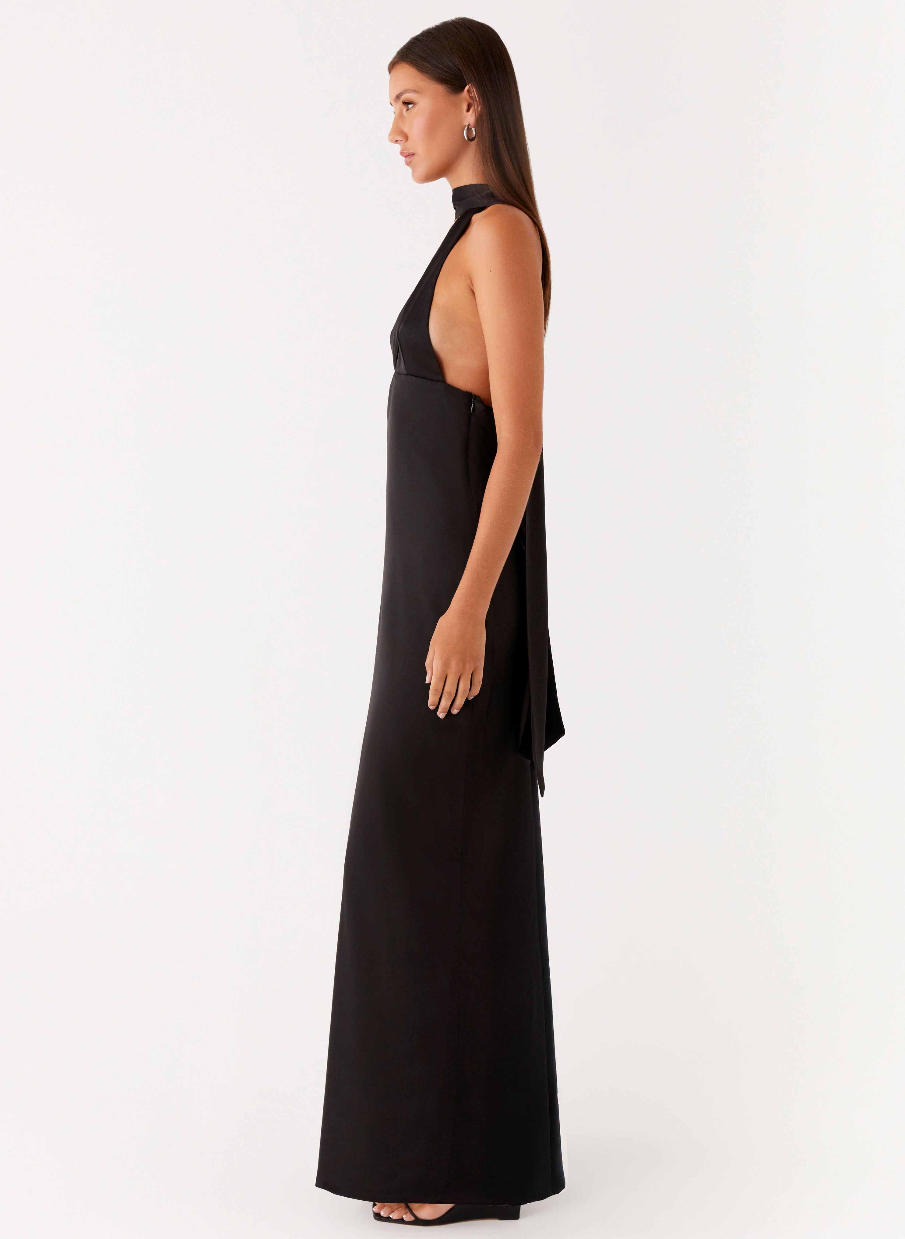 Alicia Satin Halter Maxi Dress - Black