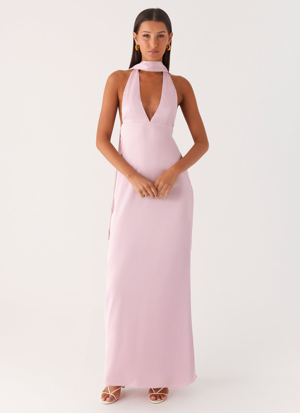 Alicia Satin Halter Maxi Dress - Baby Pink